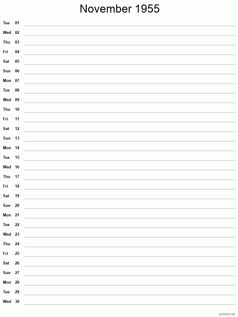 November 1955 Printable Calendar - Single Column Notesheet