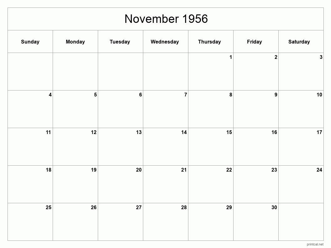 November 1956 Printable Calendar - Classic Blank Sheet