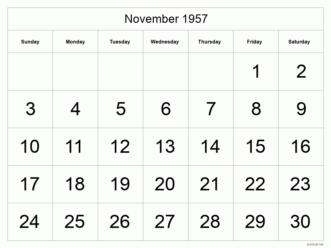 November 1957 Printable Calendar - Big Dates