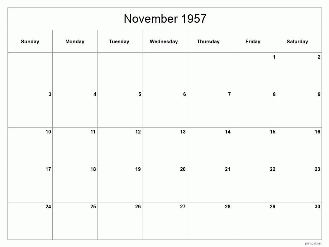 November 1957 Printable Calendar - Classic Blank Sheet