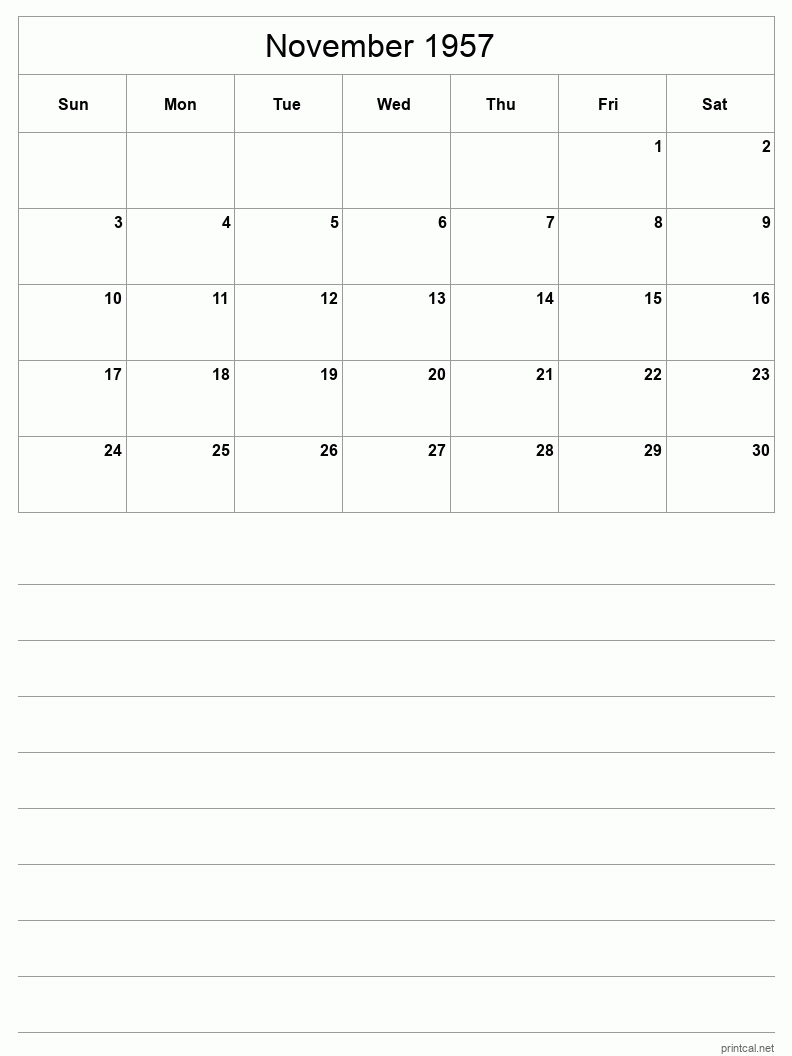 November 1957 Printable Calendar - Half-Page With Notesheet