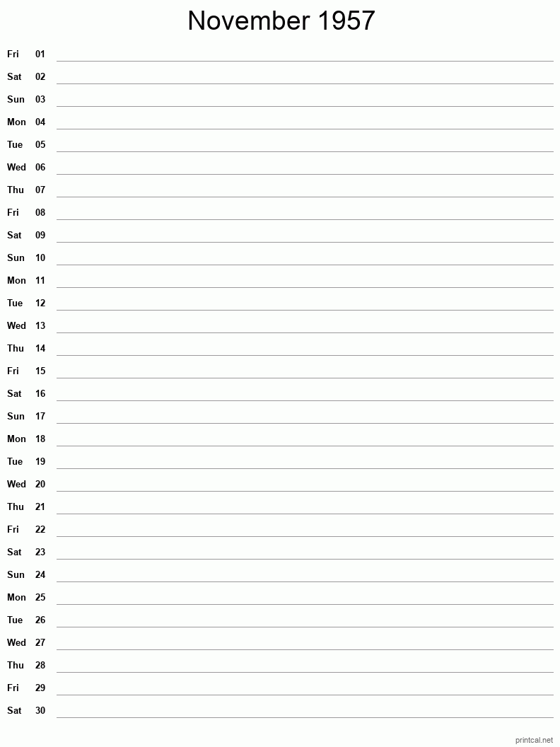 November 1957 Printable Calendar - Single Column Notesheet