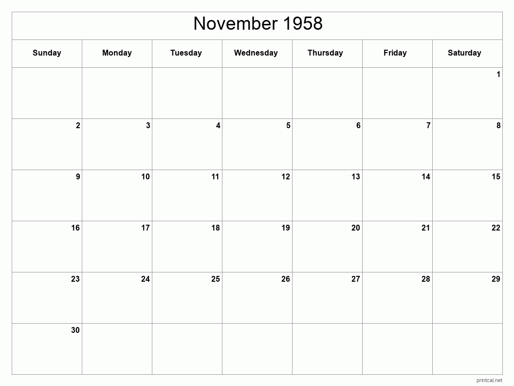 November 1958 Printable Calendar - Classic Blank Sheet