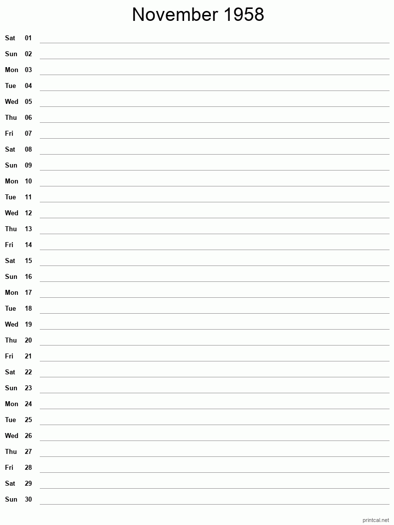 November 1958 Printable Calendar - Single Column Notesheet