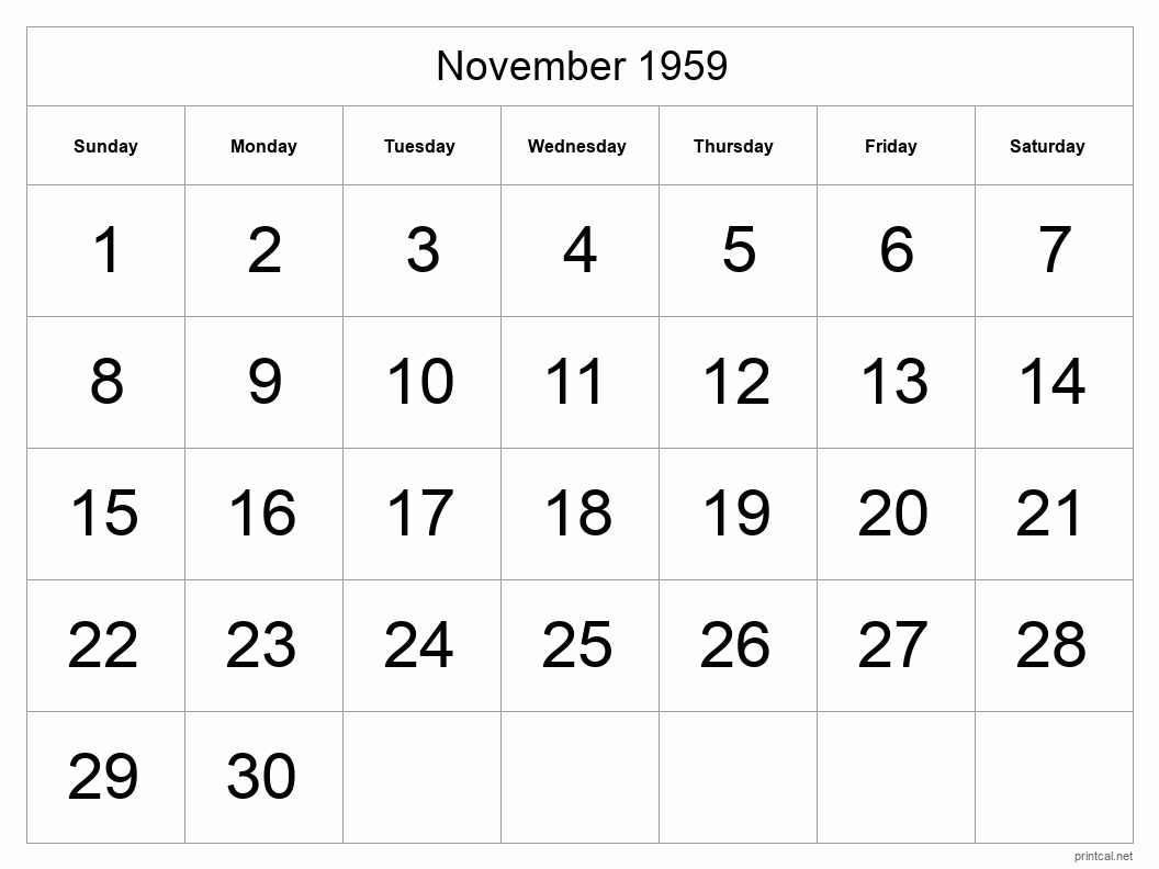 November 1959 Printable Calendar - Big Dates