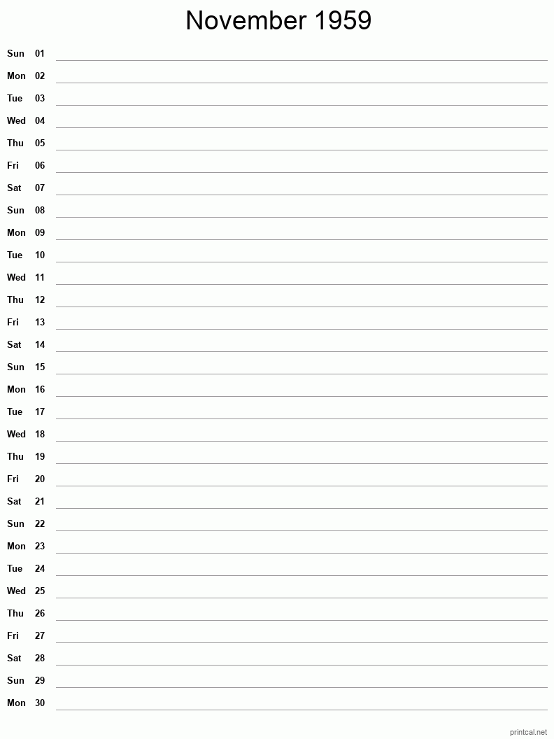 November 1959 Printable Calendar - Single Column Notesheet