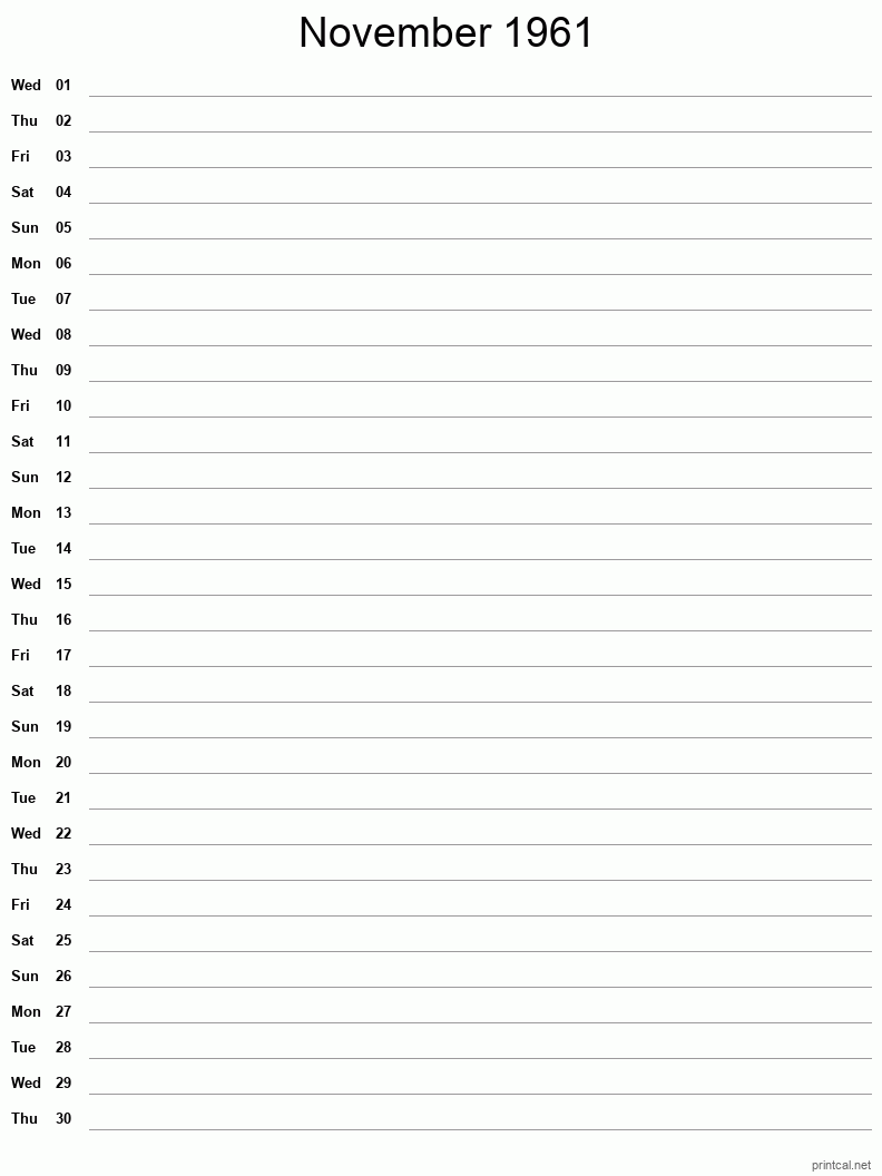 November 1961 Printable Calendar - Single Column Notesheet