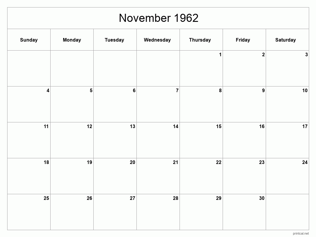 November 1962 Printable Calendar - Classic Blank Sheet