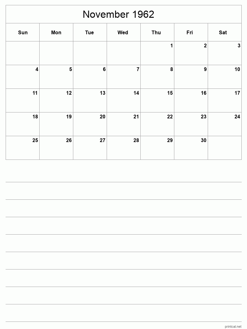 November 1962 Printable Calendar - Half-Page With Notesheet