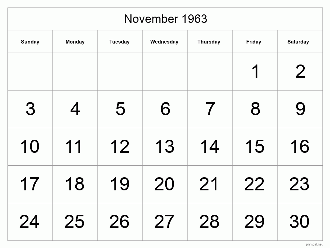 November 1963 Printable Calendar - Big Dates