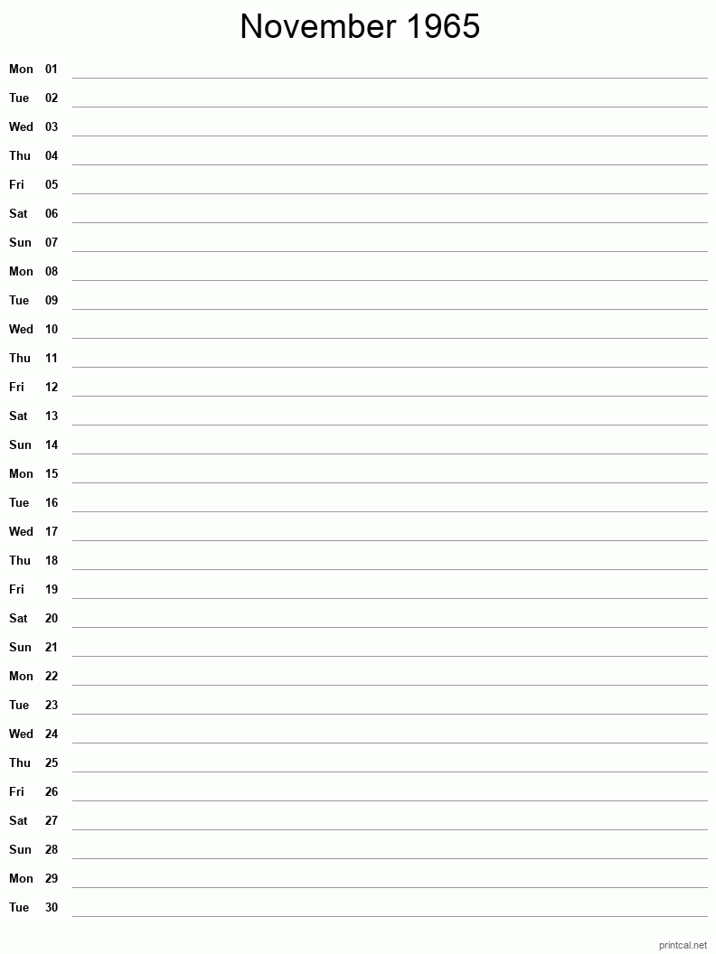 November 1965 Printable Calendar - Single Column Notesheet