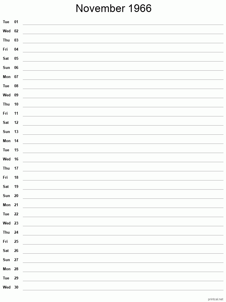 November 1966 Printable Calendar - Single Column Notesheet