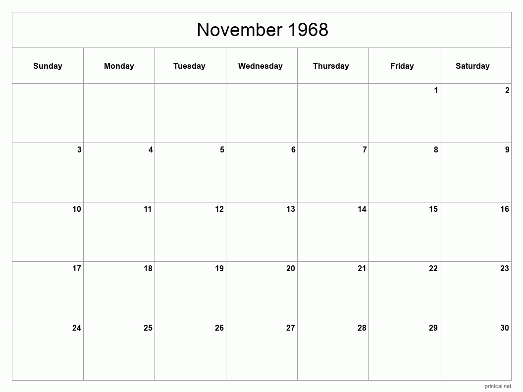 November 1968 Printable Calendar - Classic Blank Sheet