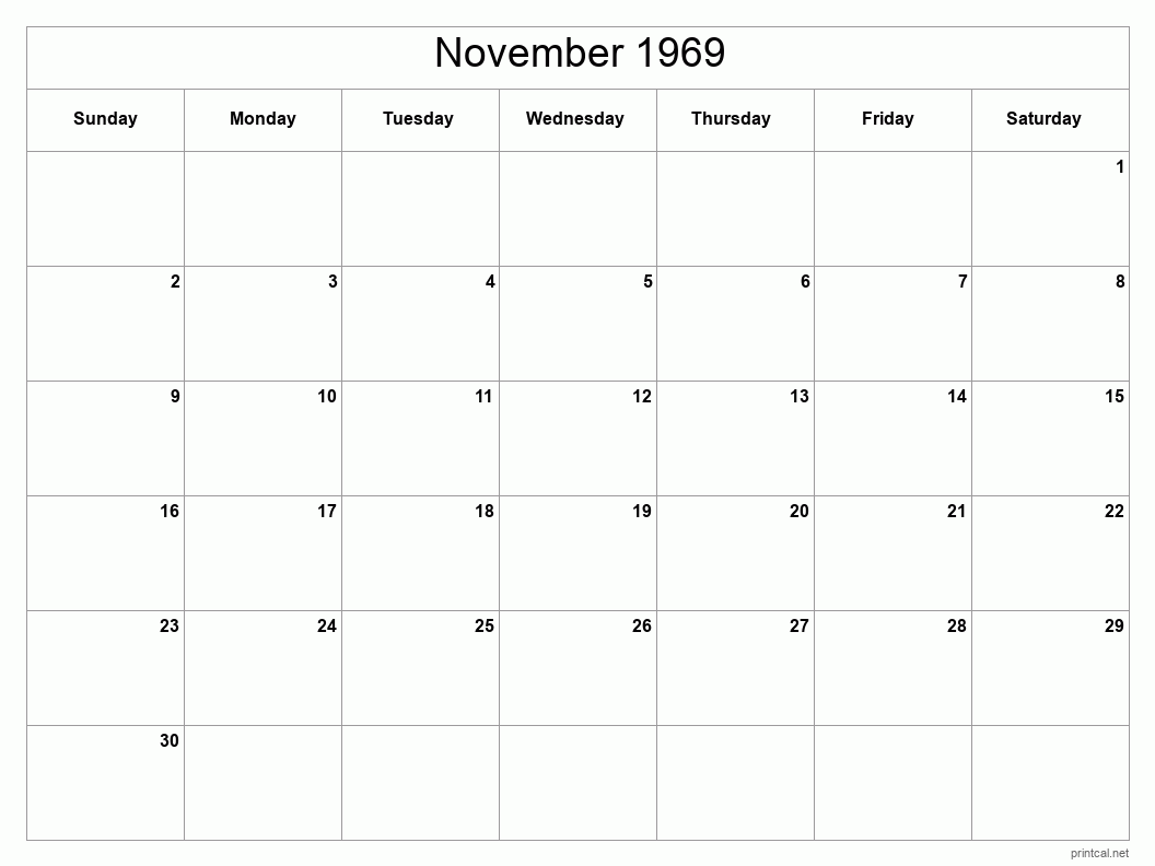 November 1969 Printable Calendar - Classic Blank Sheet