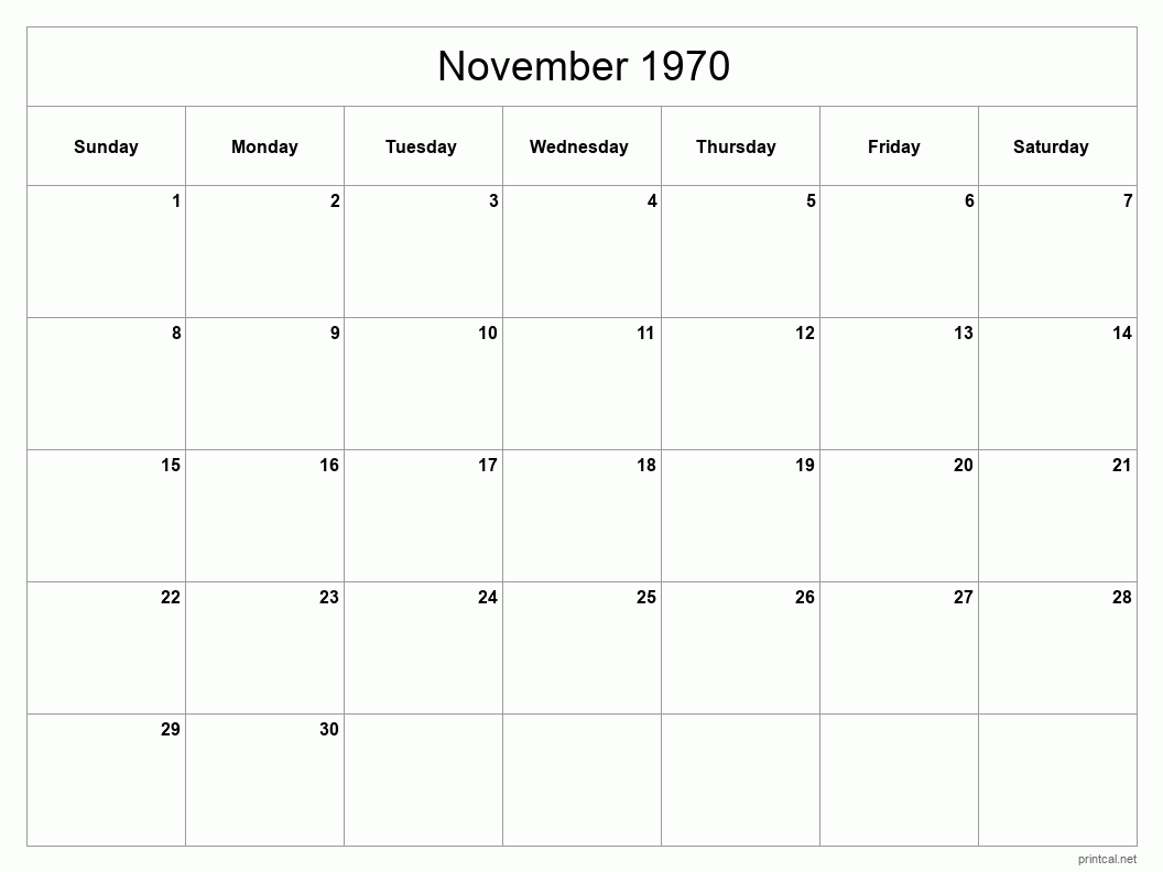 November 1970 Printable Calendar - Classic Blank Sheet