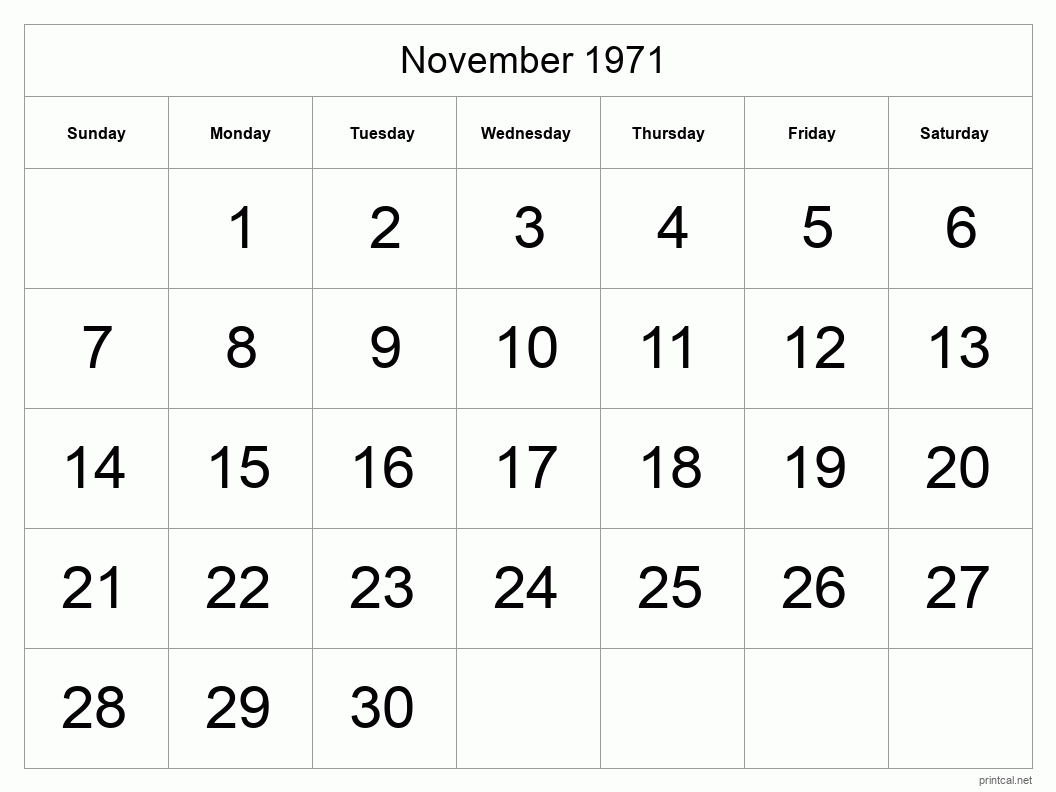 November 1971 Printable Calendar - Big Dates