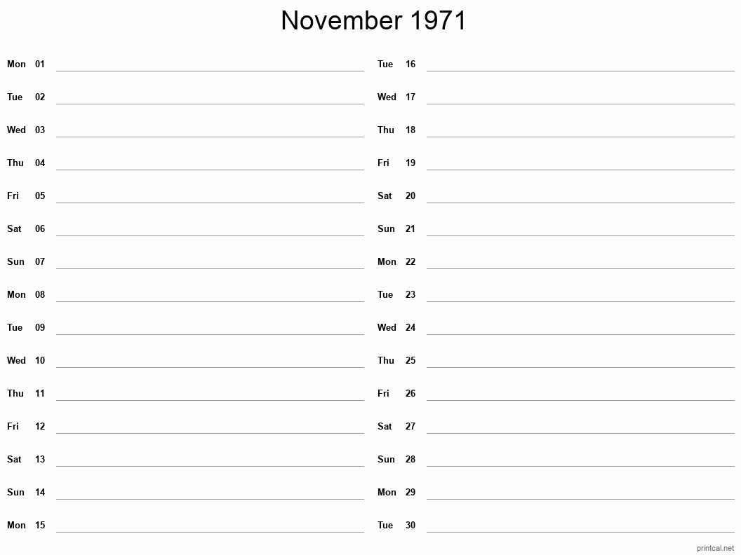 November 1971 Printable Calendar - Two Column Notesheet