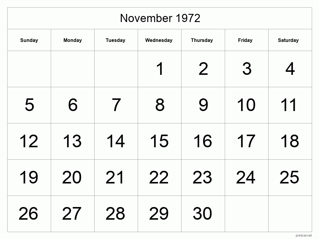 November 1972 Printable Calendar - Big Dates