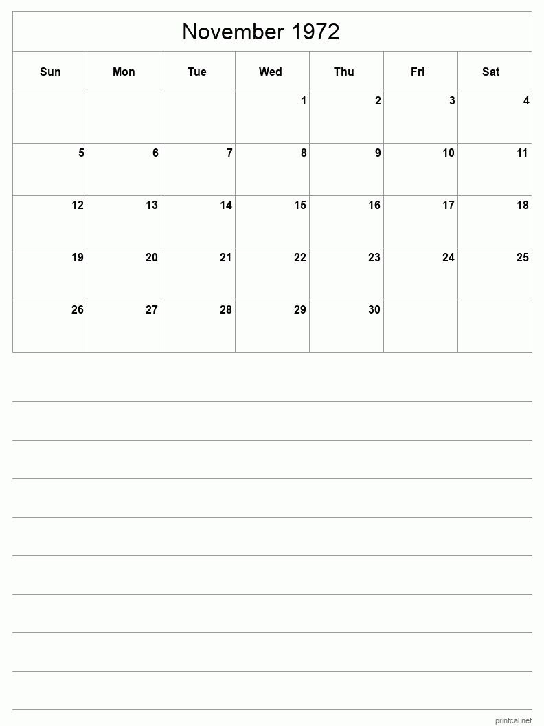 November 1972 Printable Calendar - Half-Page With Notesheet