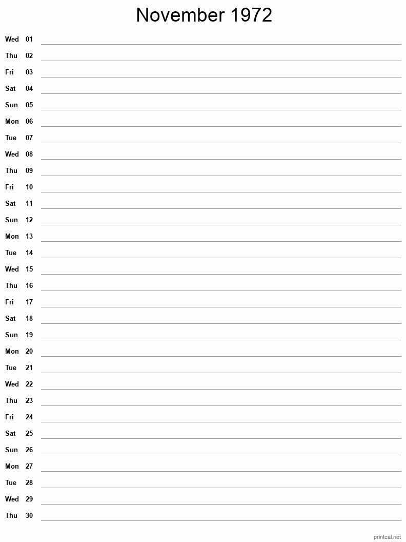 November 1972 Printable Calendar - Single Column Notesheet