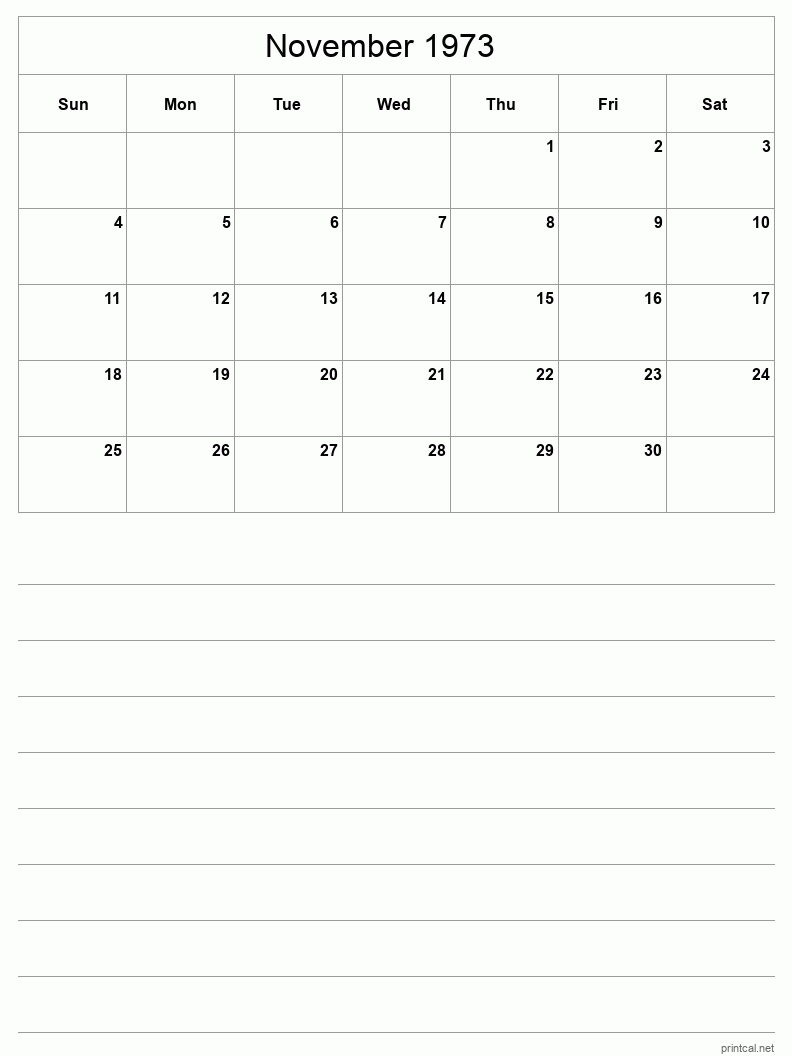 November 1973 Printable Calendar - Half-Page With Notesheet