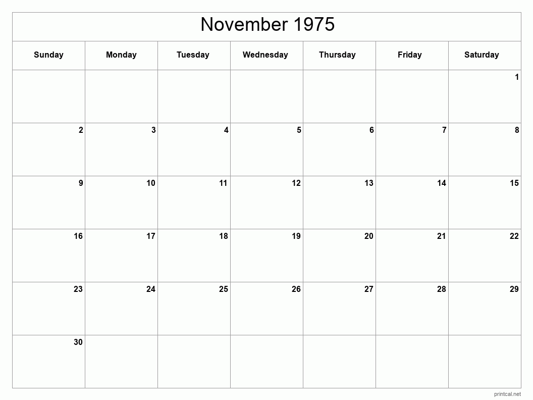 November 1975 Printable Calendar - Classic Blank Sheet