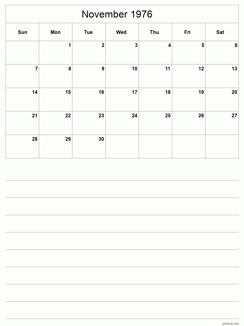 November 1976 Printable Calendar - Half-Page With Notesheet