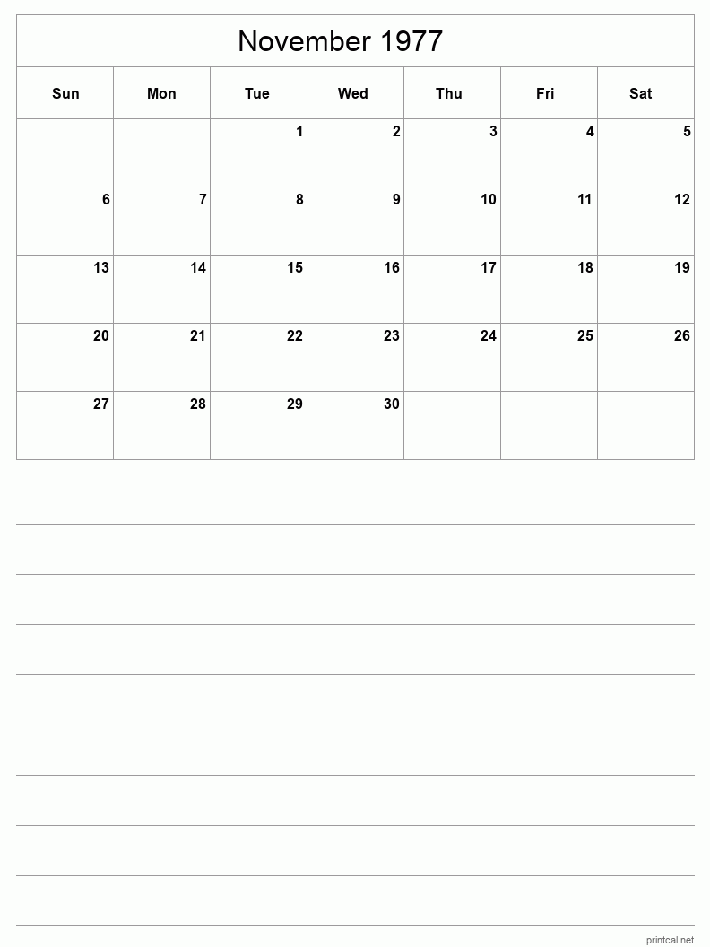 November 1977 Printable Calendar - Half-Page With Notesheet