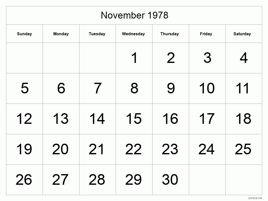 November 1978 Printable Calendar - Big Dates