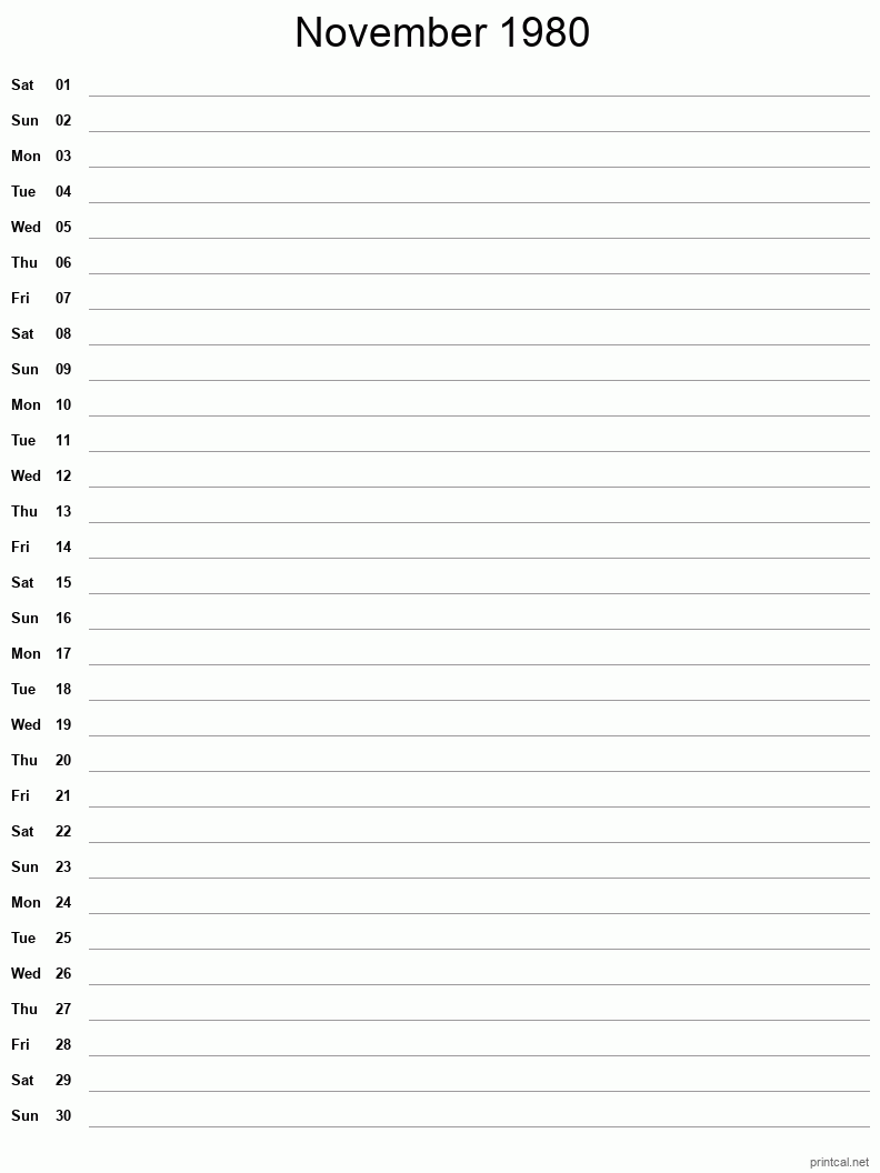 November 1980 Printable Calendar - Single Column Notesheet