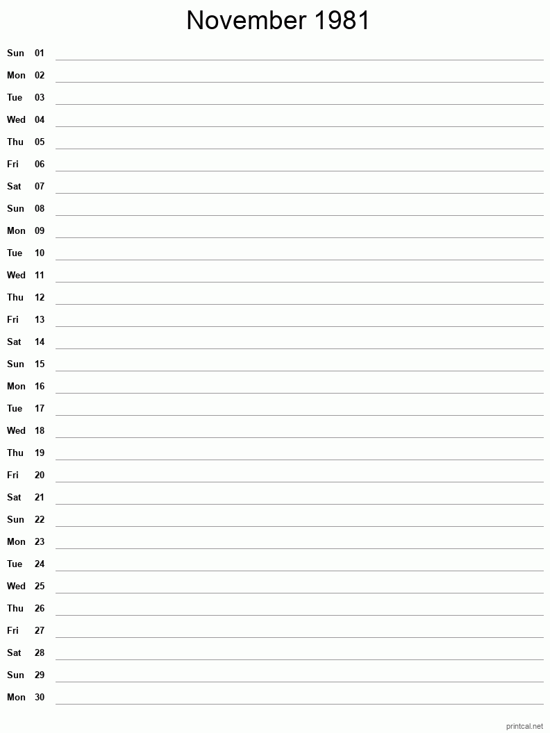 November 1981 Printable Calendar - Single Column Notesheet