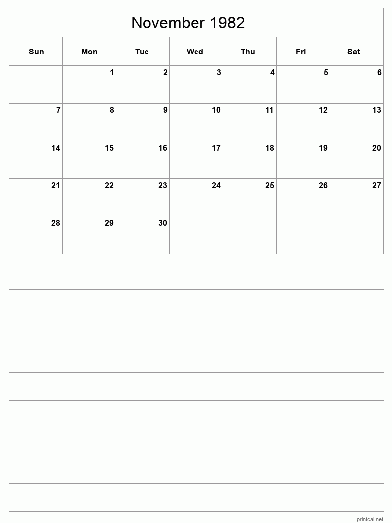 November 1982 Printable Calendar - Half-Page With Notesheet