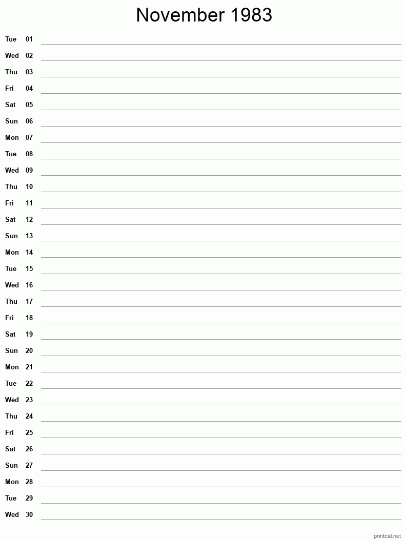 November 1983 Printable Calendar - Single Column Notesheet