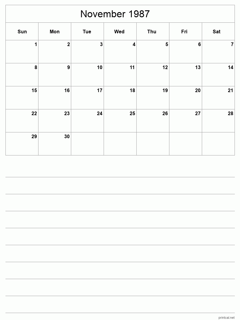 November 1987 Printable Calendar - Half-Page With Notesheet