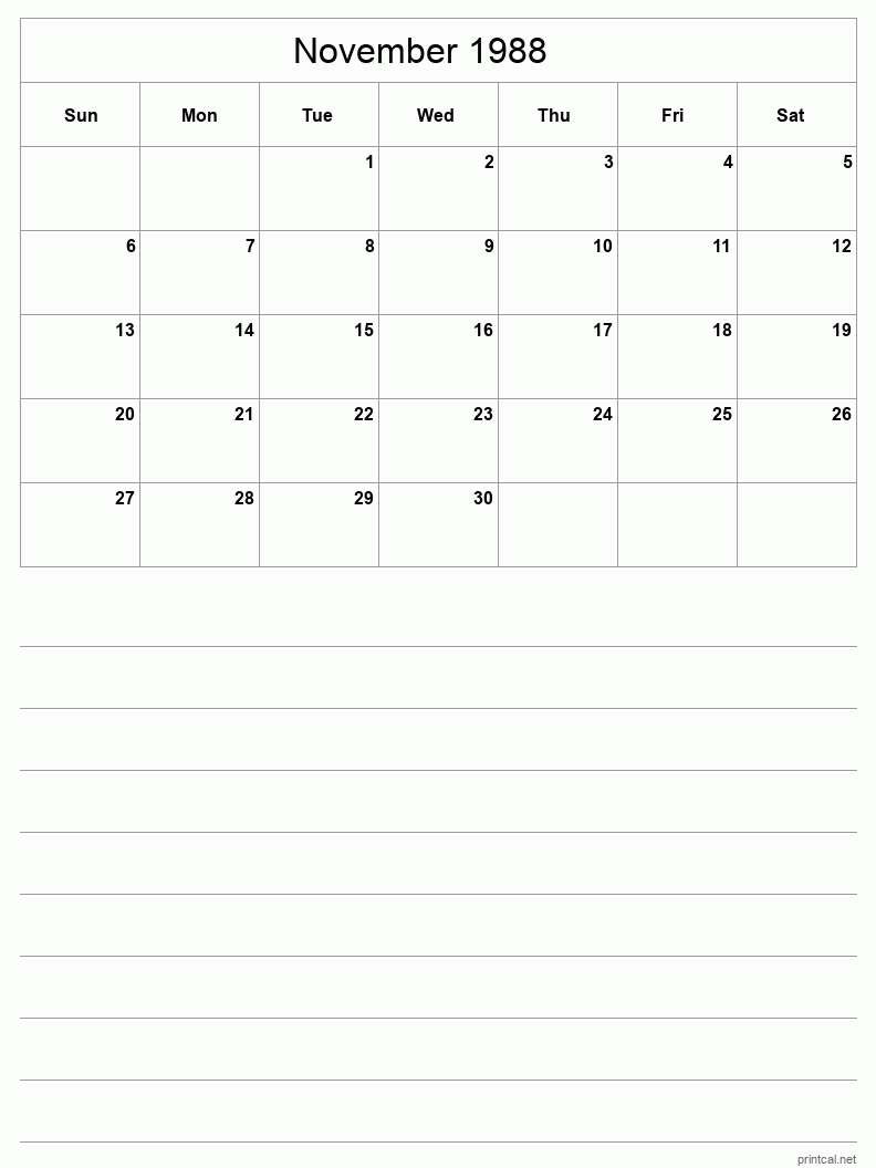 November 1988 Printable Calendar - Half-Page With Notesheet