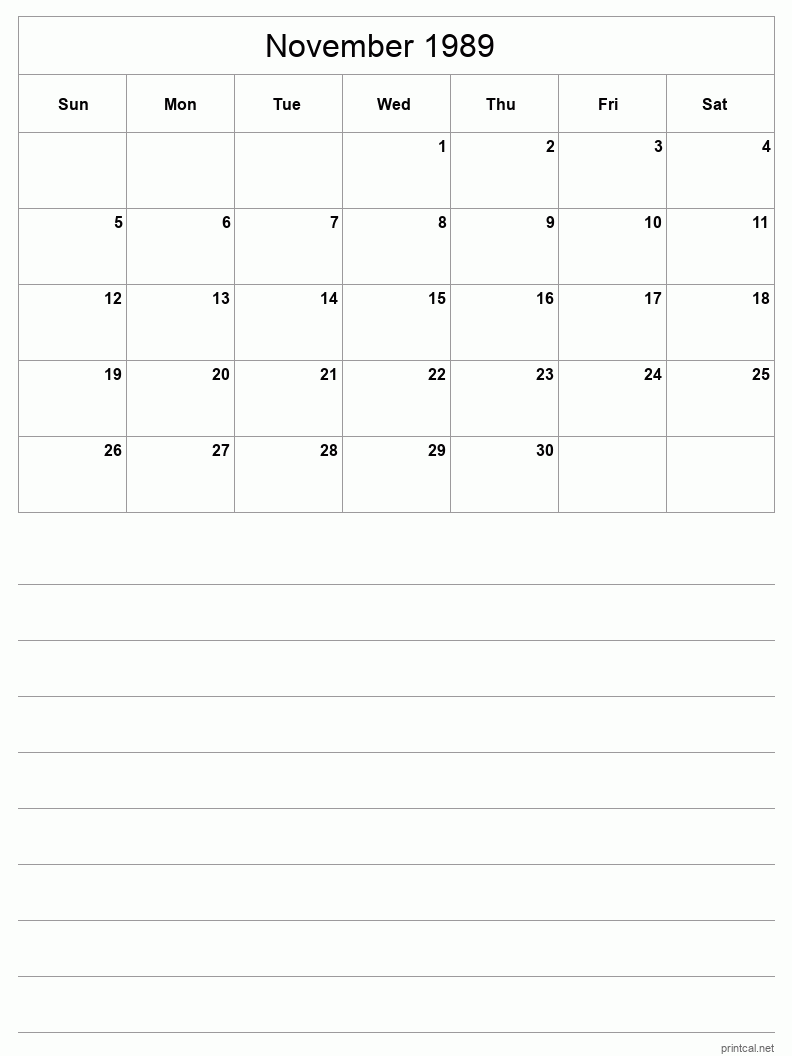 November 1989 Printable Calendar - Half-Page With Notesheet