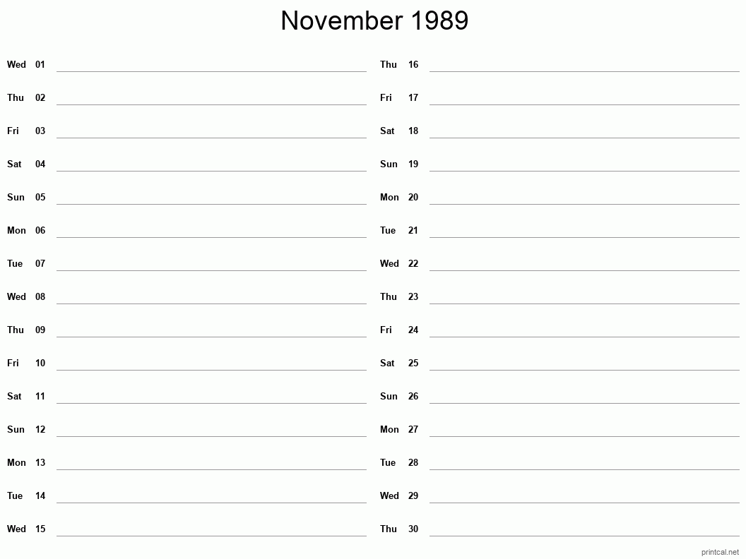 November 1989 Printable Calendar - Two Column Notesheet