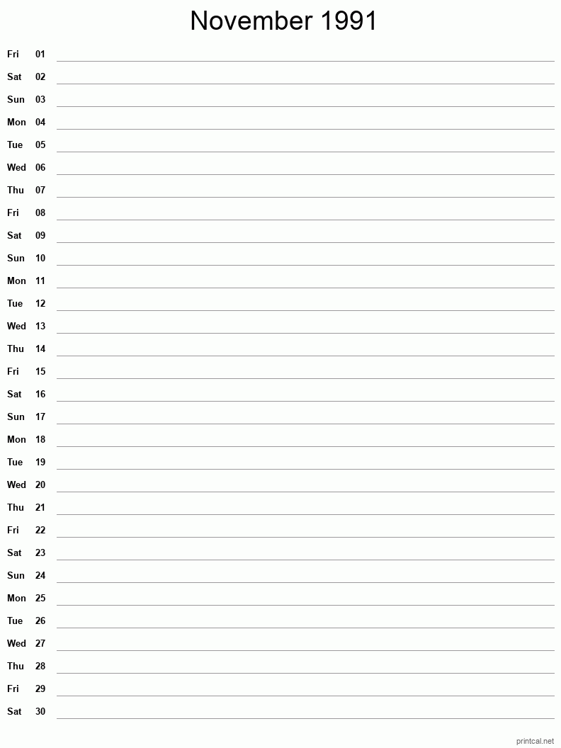 November 1991 Printable Calendar - Single Column Notesheet