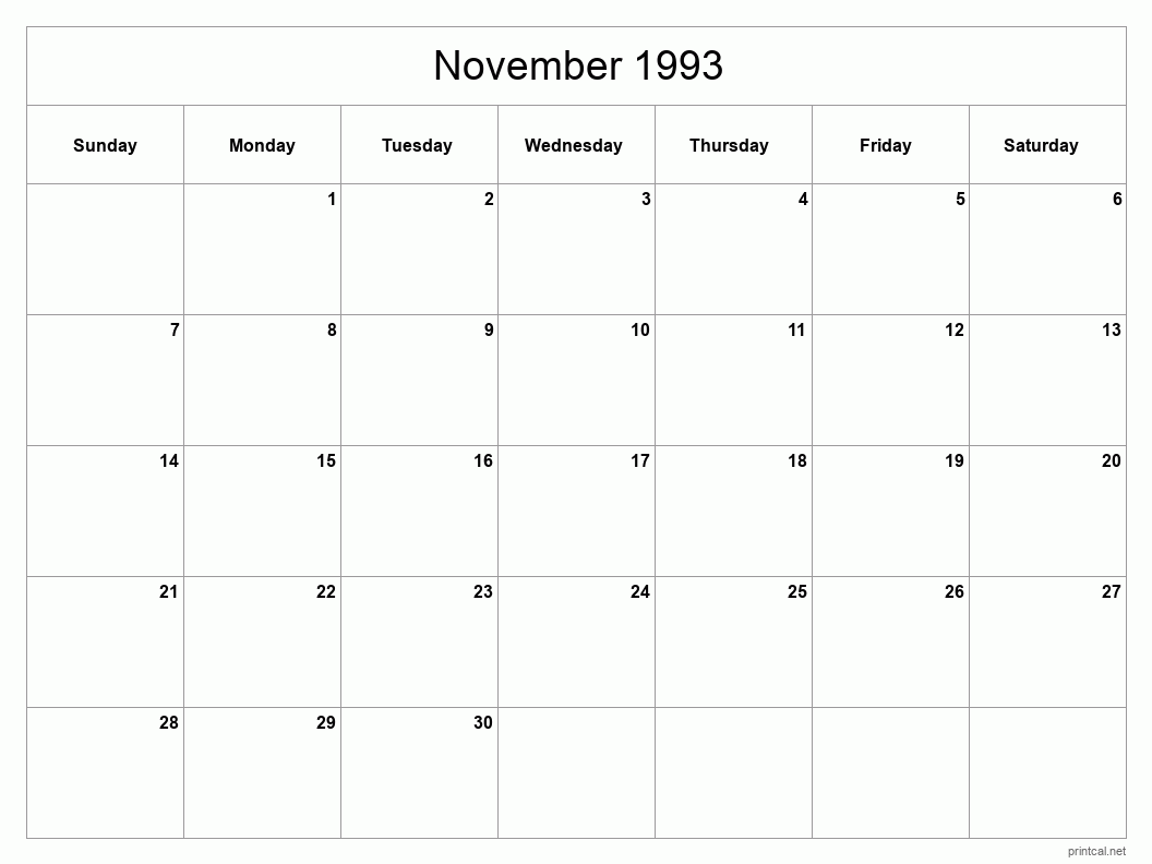 November 1993 Printable Calendar - Classic Blank Sheet