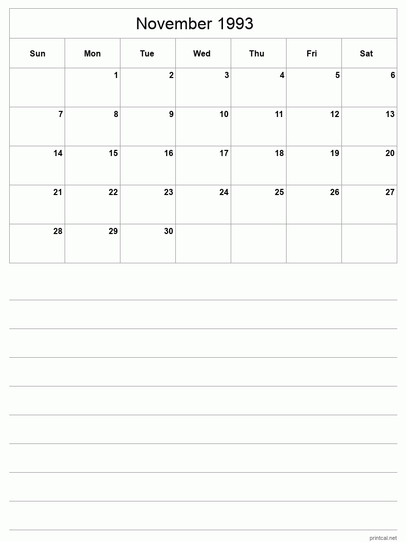 November 1993 Printable Calendar - Half-Page With Notesheet