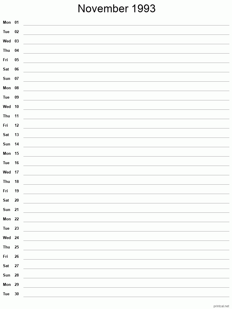 November 1993 Printable Calendar - Single Column Notesheet