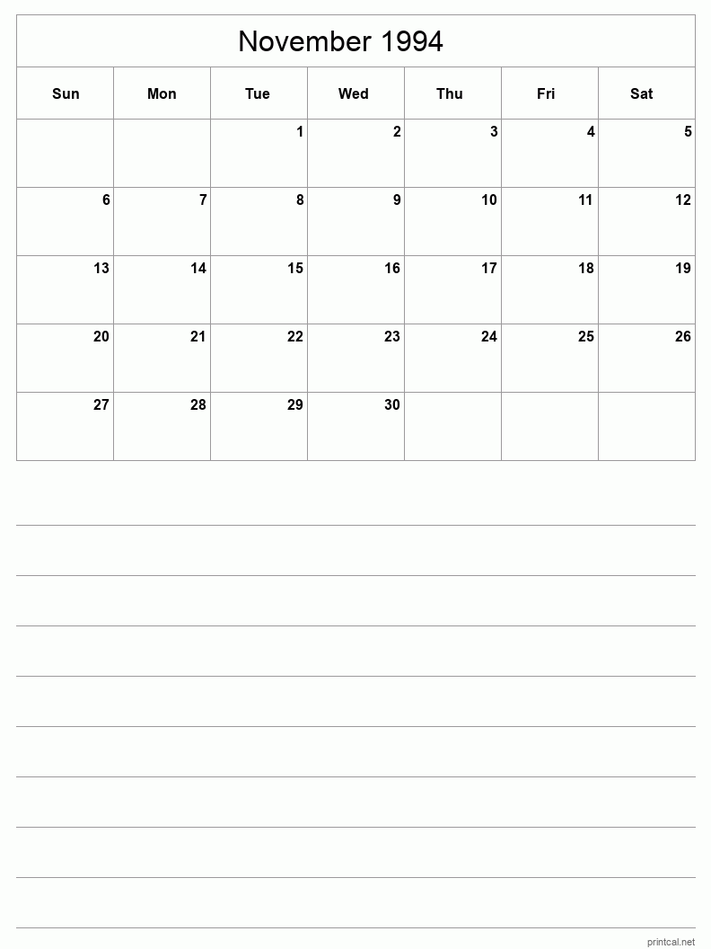 November 1994 Printable Calendar - Half-Page With Notesheet