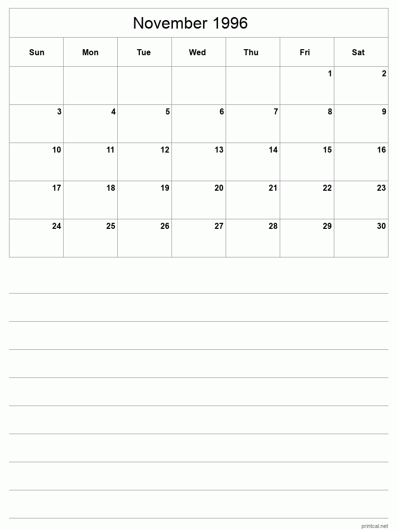 November 1996 Printable Calendar - Half-Page With Notesheet