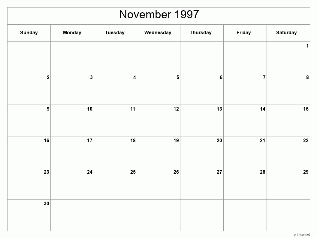 November 1997 Printable Calendar - Classic Blank Sheet