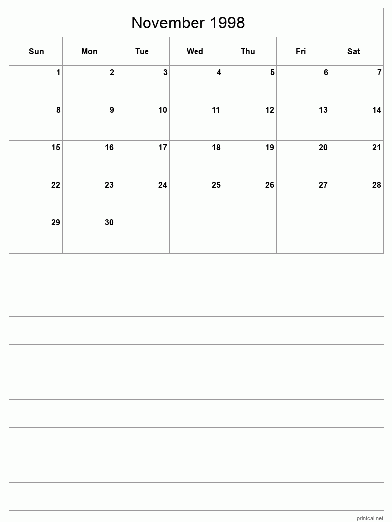 November 1998 Printable Calendar - Half-Page With Notesheet