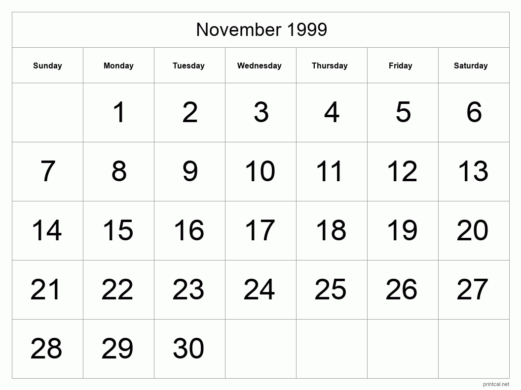 November 1999 Printable Calendar - Big Dates