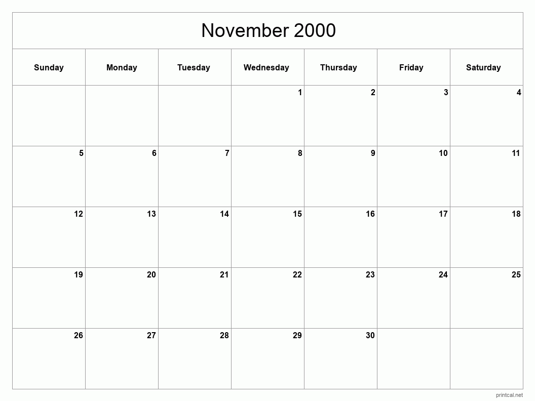 November 2000 Printable Calendar - Classic Blank Sheet