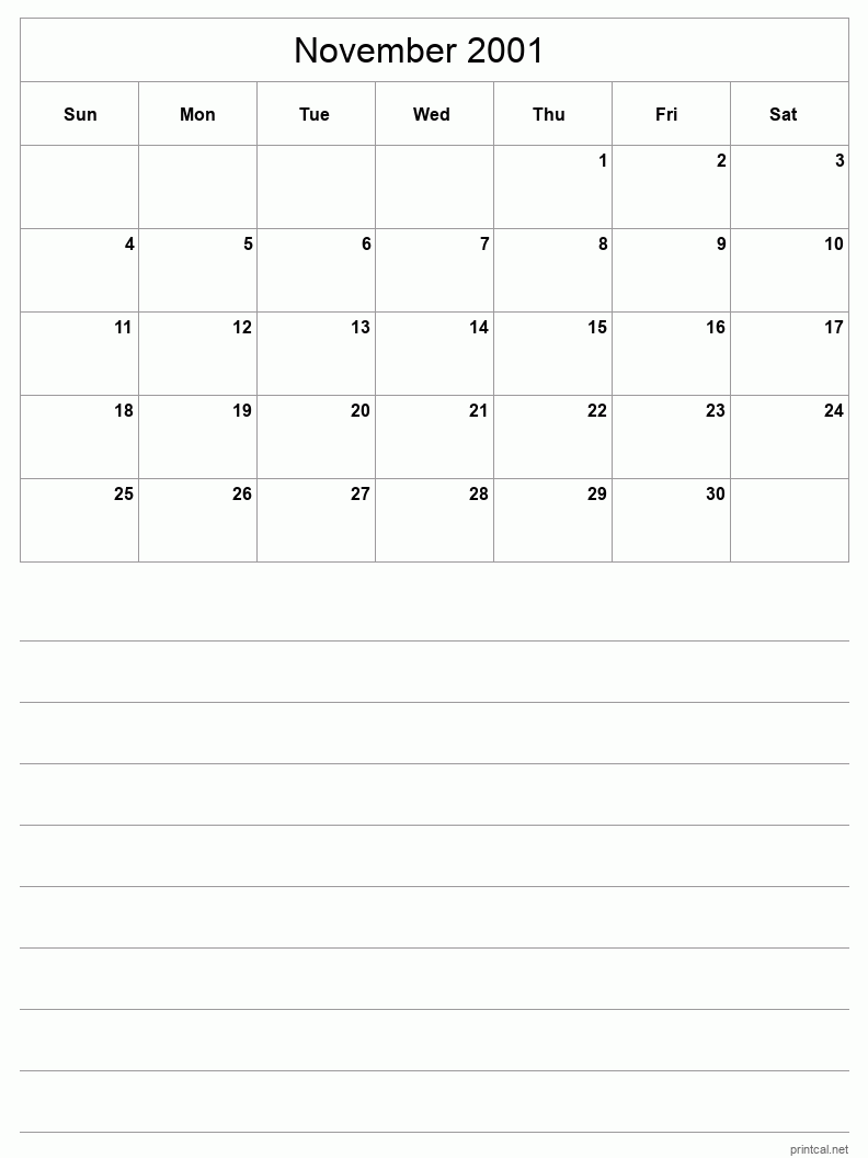 November 2001 Printable Calendar - Half-Page With Notesheet