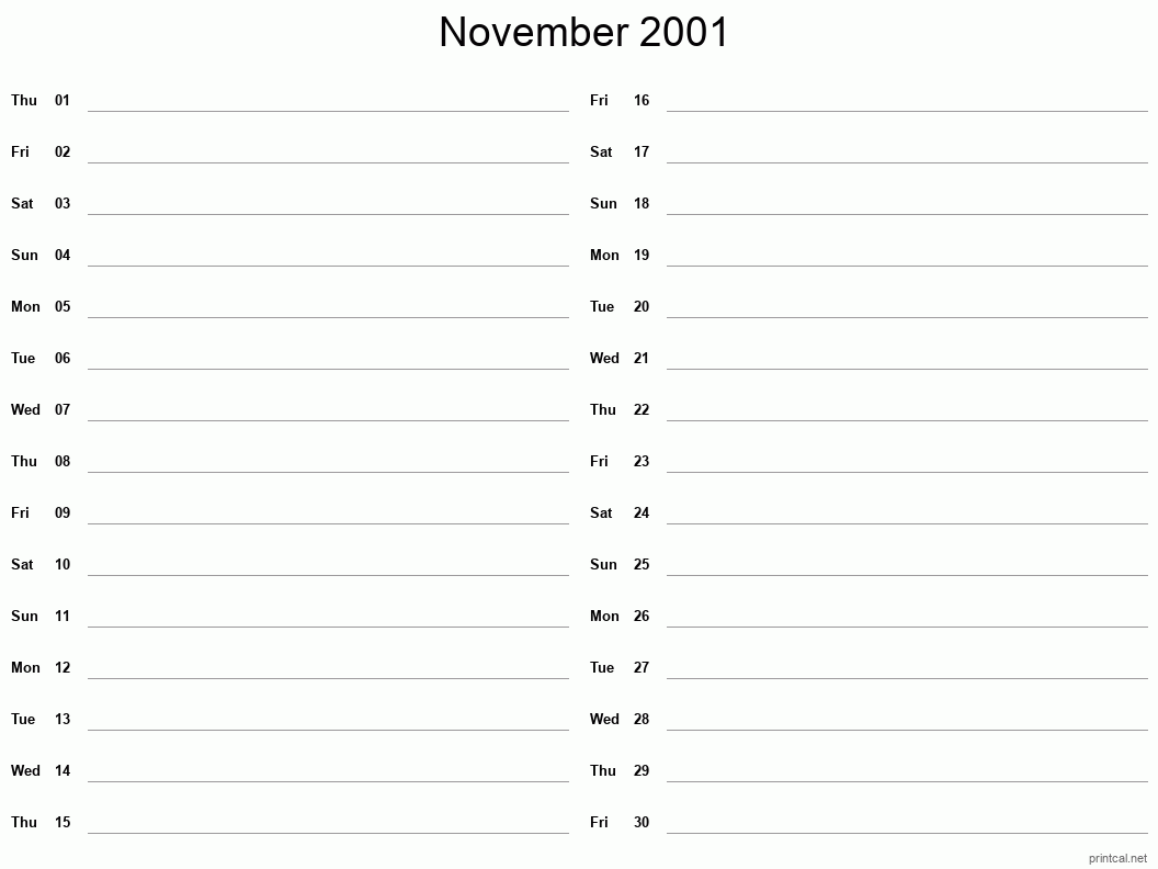 November 2001 Printable Calendar - Two Column Notesheet