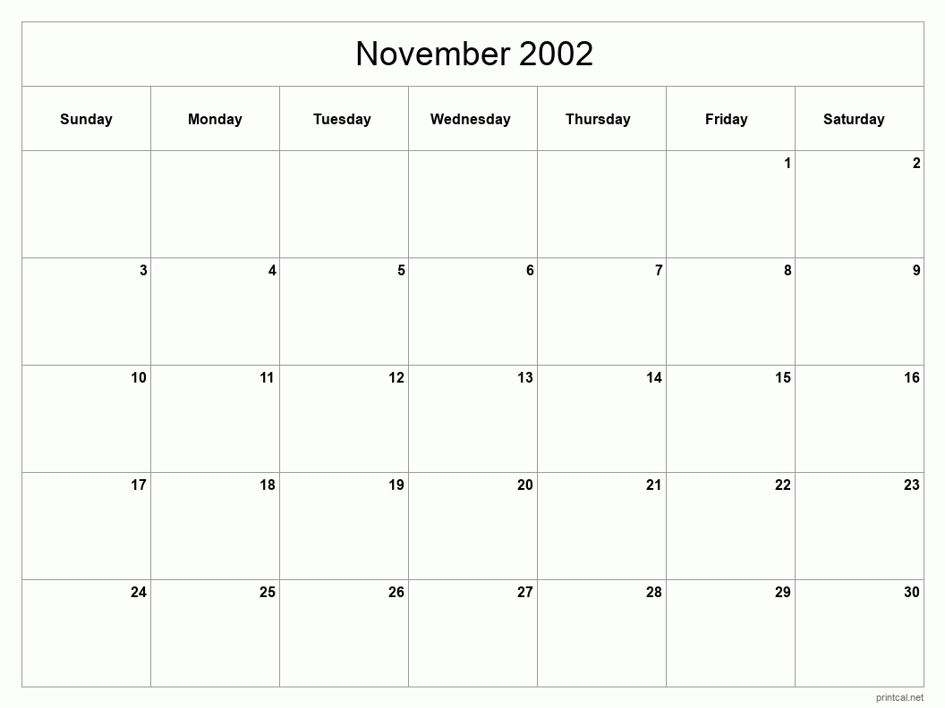 November 2002 Printable Calendar - Classic Blank Sheet